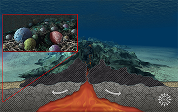 Illustration of water flow through an aquifer and inset of enlarged view of microbes on the aquifer.